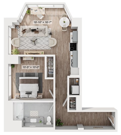 Floor plan for 1 bed, 1 bath, 753 sqft
